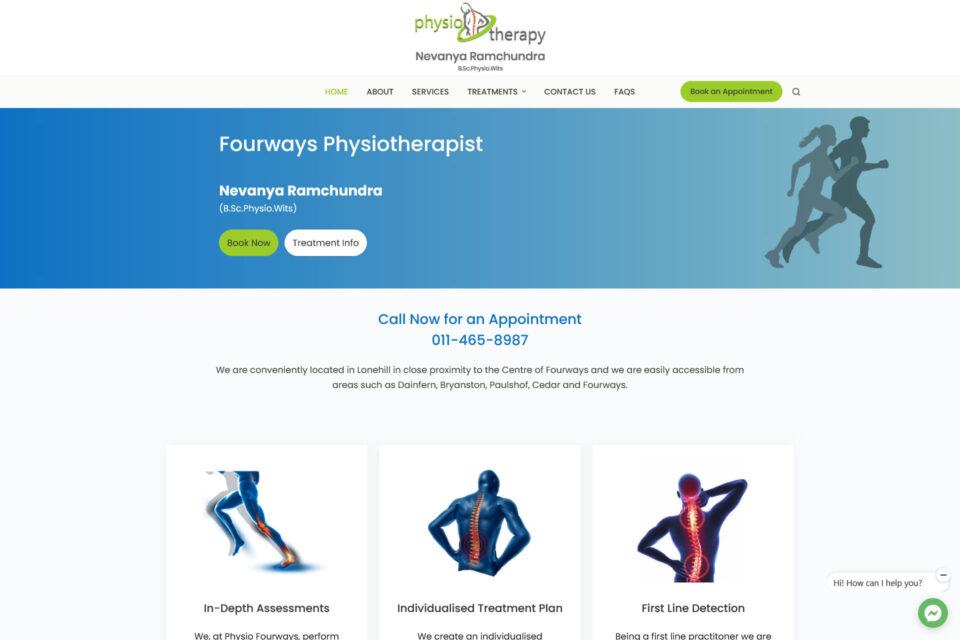 Screenshot of landing page for a physio website in Johannesburg